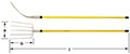 Two horizontal views of a five-pronged manure fork with yellow fiberglass handle with black tip end.  Top image shows a long handle and a thin, curved pitching head. Bottom image shows top-down view of manure fork with five tines.  AMPCO is etched on the 